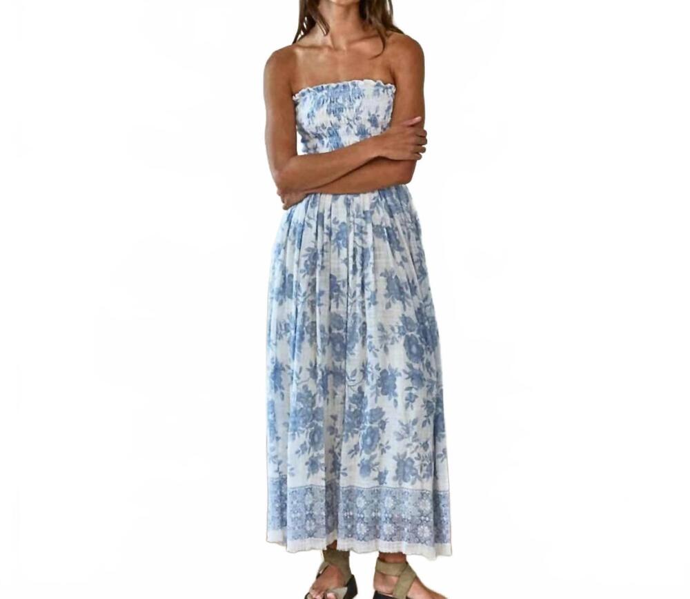 NEW BY TOGETHER women's smocked strapless dress in blue floral